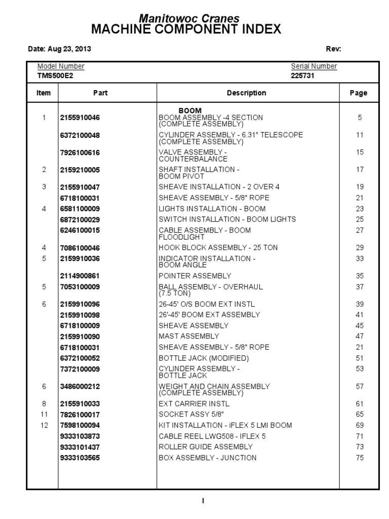 TMS500E2 Machine Component Index | PDF | Axle | Crane (Machine)