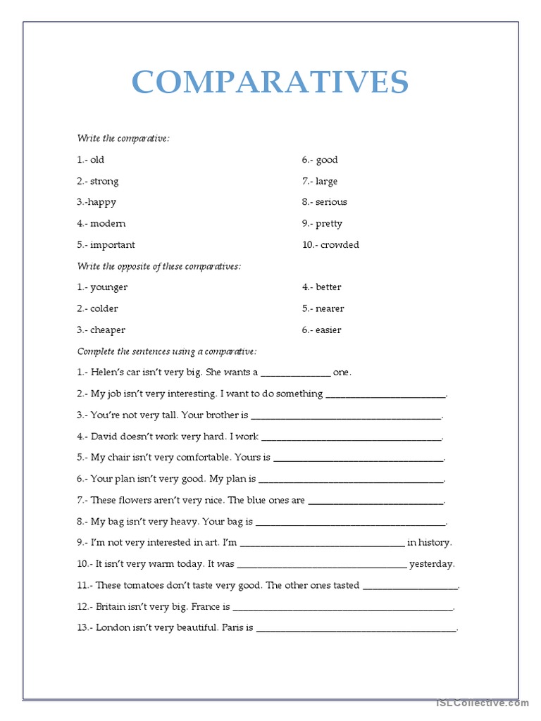 Comparatives Practice Sheet | PDF | Leisure