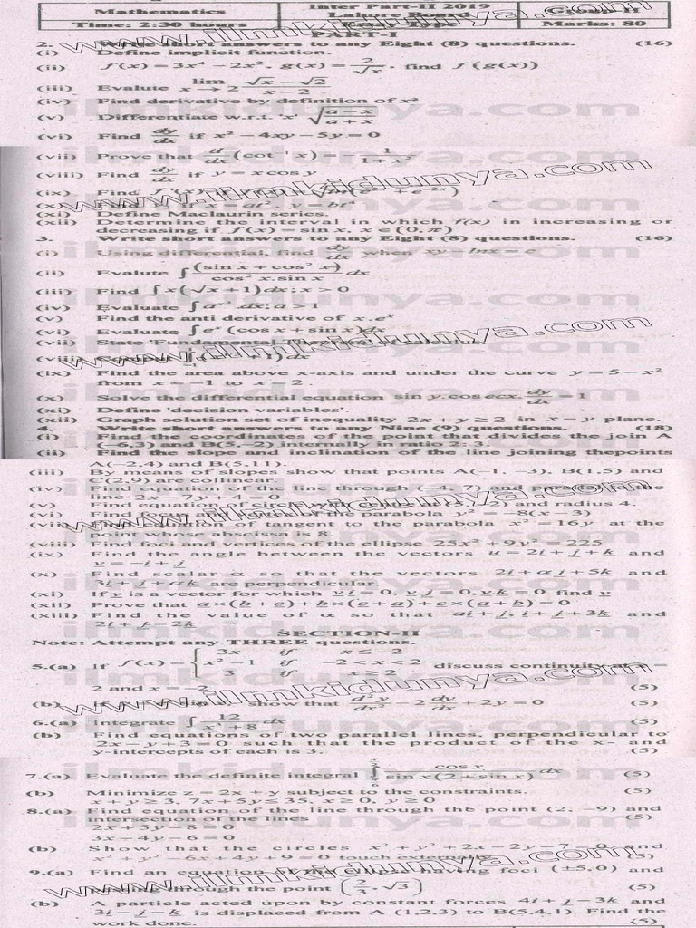 Past Papers 2019 Lahore Board Inter Part 2 Mathematics Group II ...