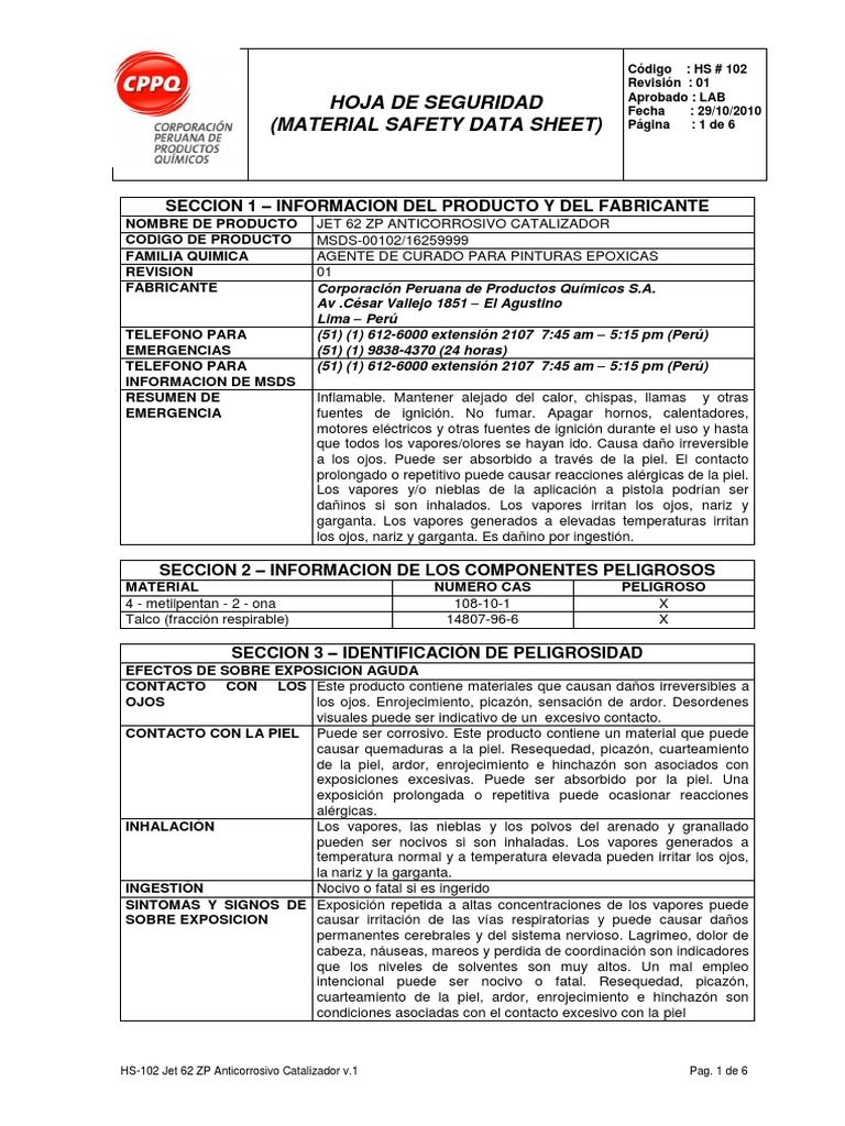 MSDS HS-102 Jet 62 ZP Anticorrosivo Catalizador | PDF | Agua | Combustión