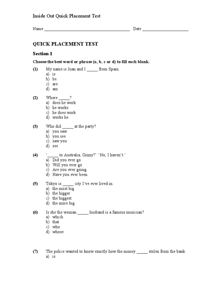 Inside Out Quick Placement Test PDF | PDF | Language Arts & Discipline ...