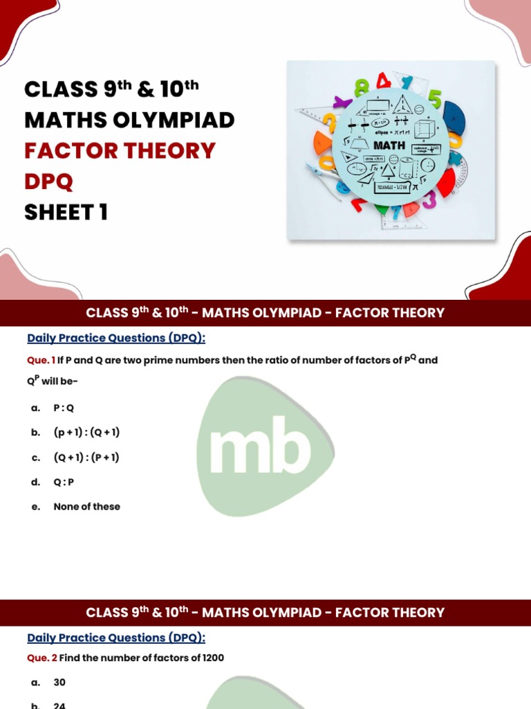 DPQ Sheet - 1 Maths Olympiad Factor Theory | PDF