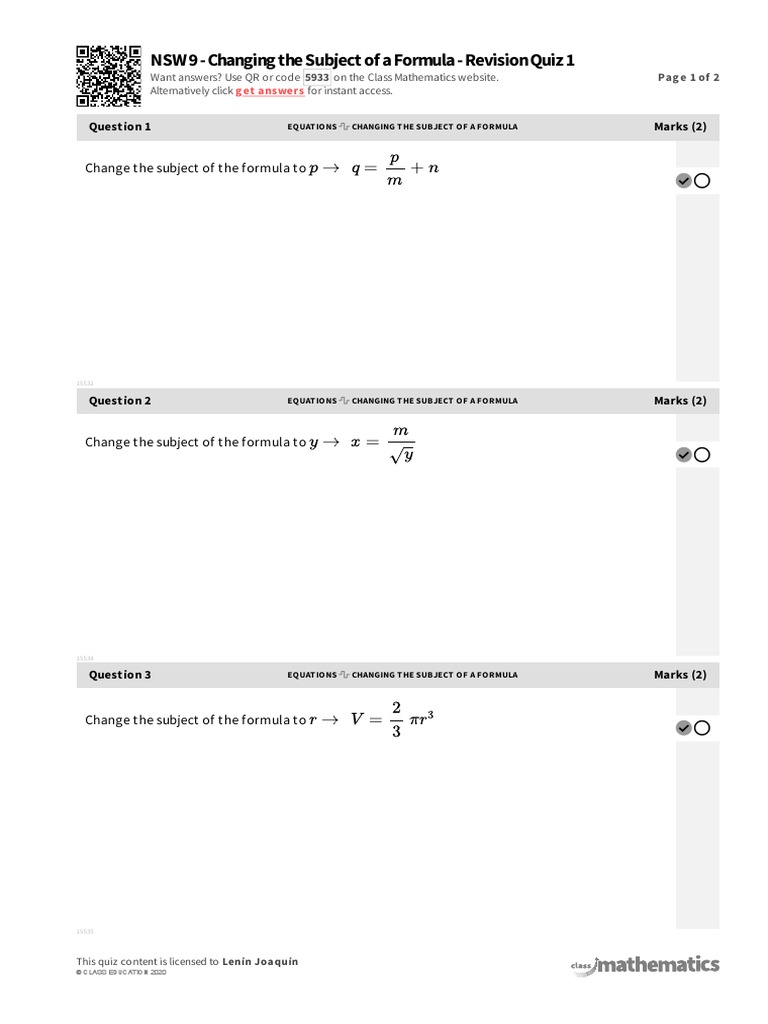 Nsw 9 changing the subject of a formula revision quiz 1 pdf