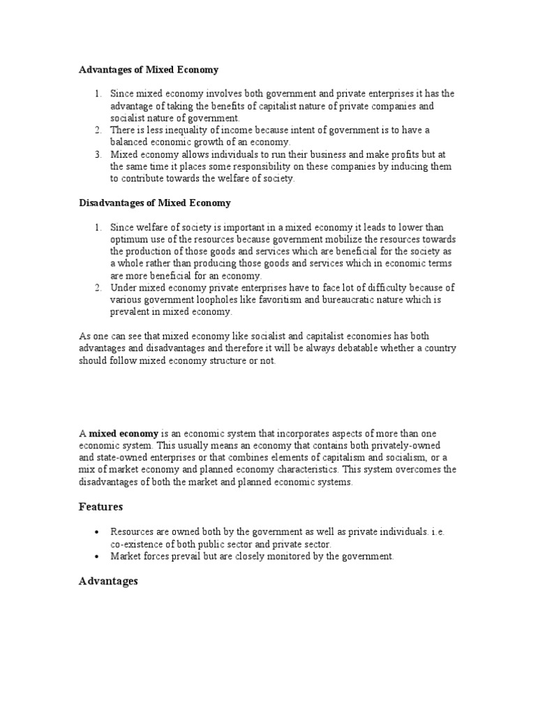 Advantages of Mixed Economy PDF Market Economy Economic System