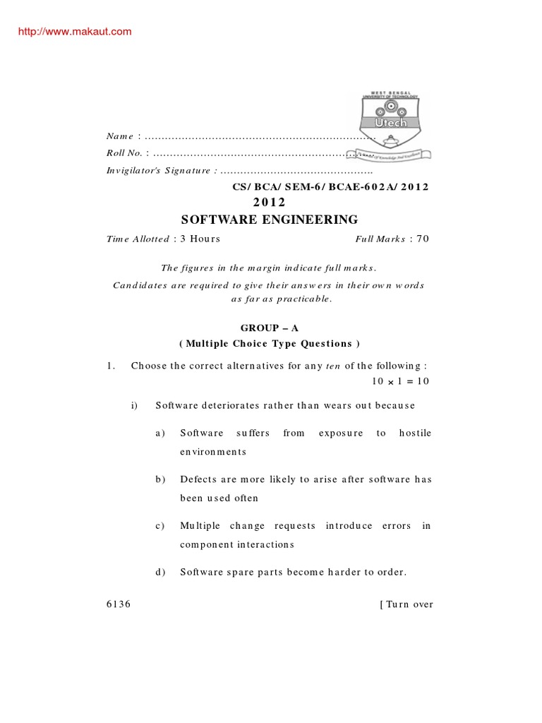 Bca Bca 602a Software Engineering 2012 PDF Software Testing Risk