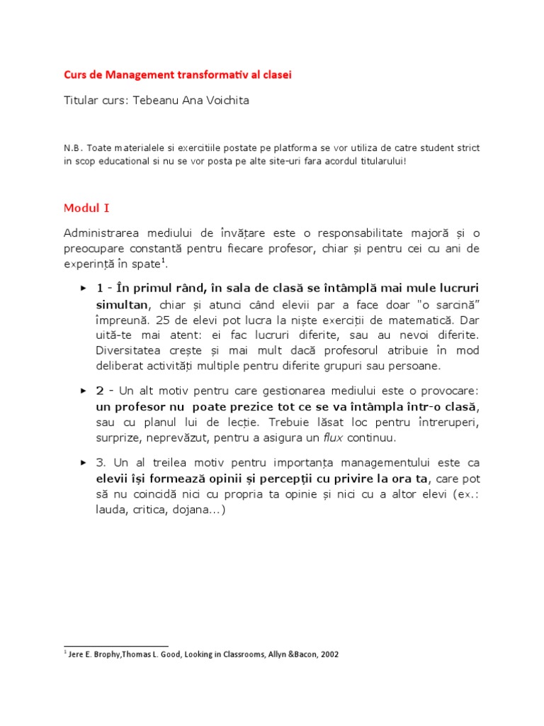 Curs de Management Transformativ Al Clasei Modul UNU 2023 | PDF