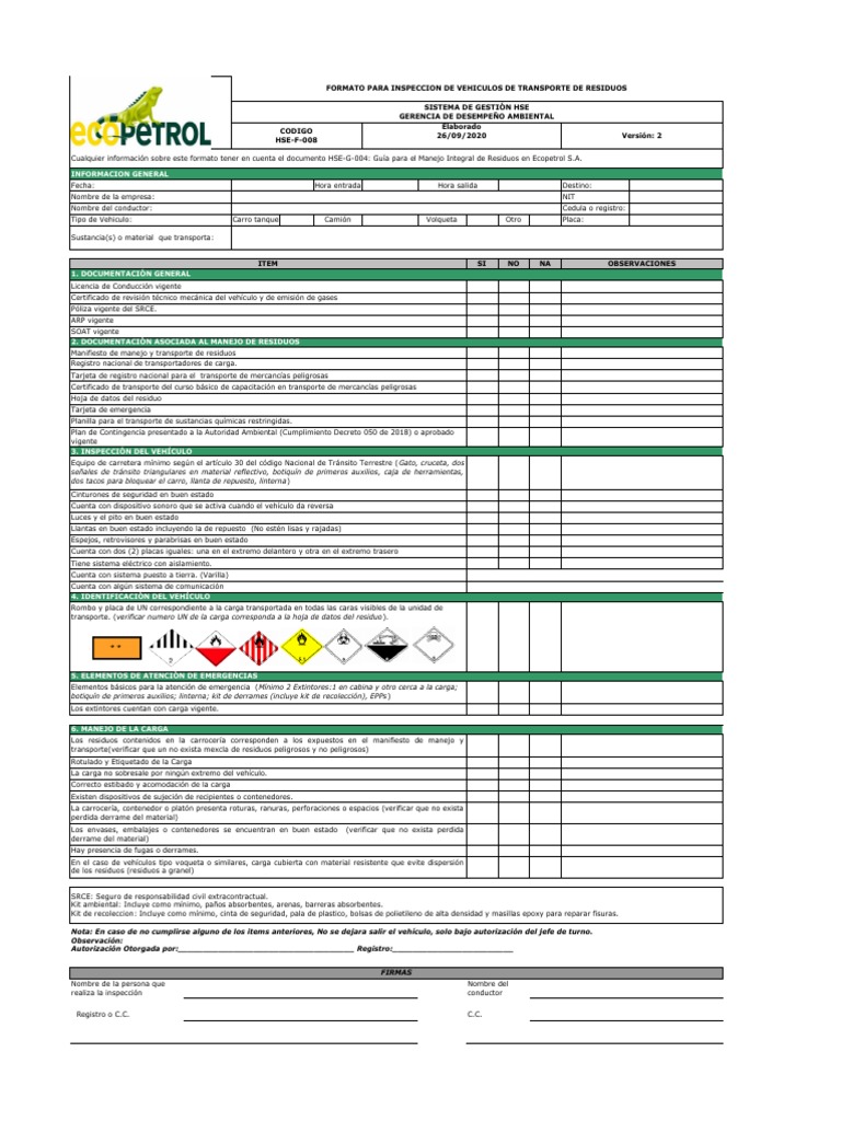 HSE-F-008 Formato Inspeccion Vehiculo Trans Residuos - Version 2020 ...