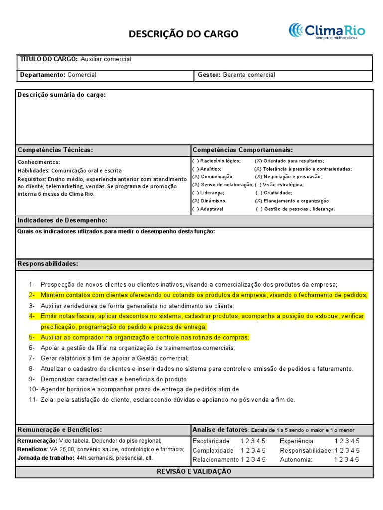 Descrição de Cargo - Auxiliar Comercial | PDF | Gestão de recursos ...