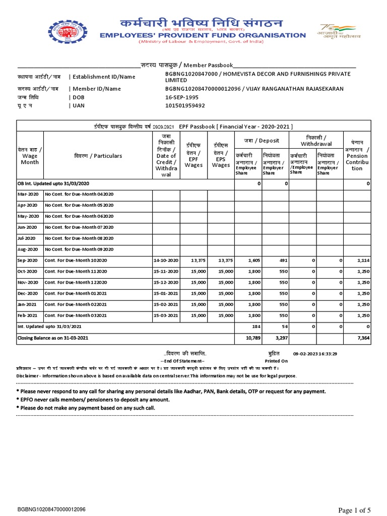 EPF Passbook Summary 2020-2023 | PDF | Factor Income Distribution ...