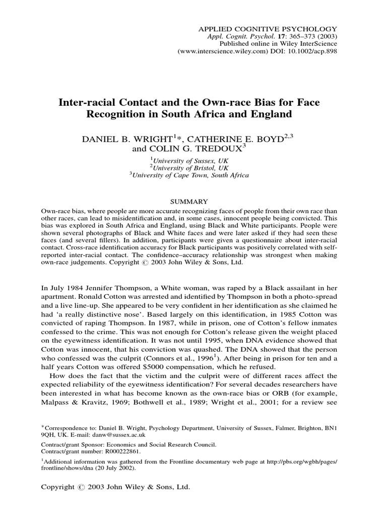 Inter-Racial Contact and The Own-Race Bias For Fac | PDF | Accuracy And ...