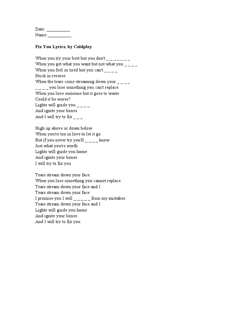 Missing Lyrics Fix You by Coldplay Activities With Music Songs Nursery