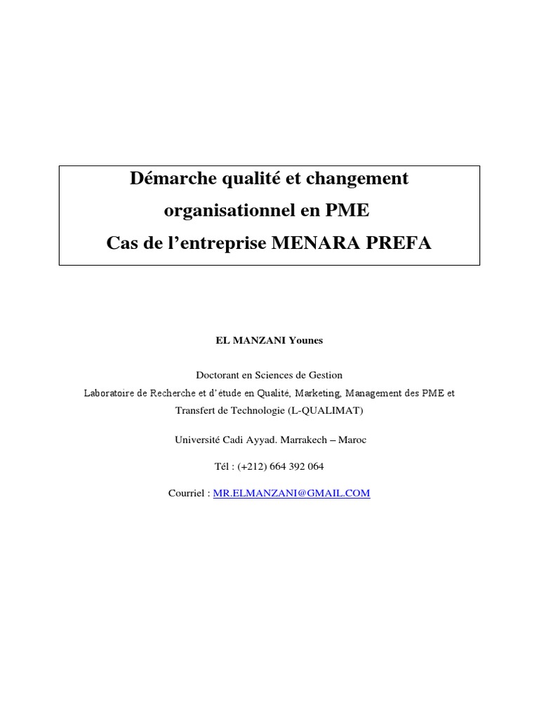 Démarche qualité en PME : cas MENARA PREFA | PDF | Management de la ...
