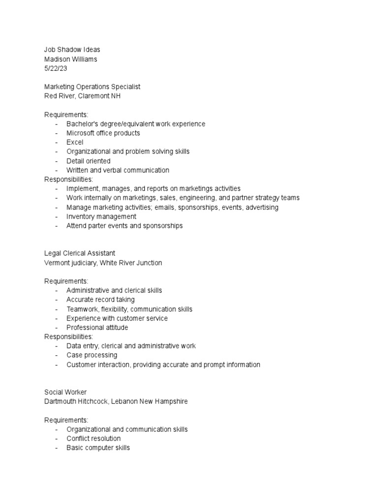 Job Shadow Ideas Madison Williams PDF