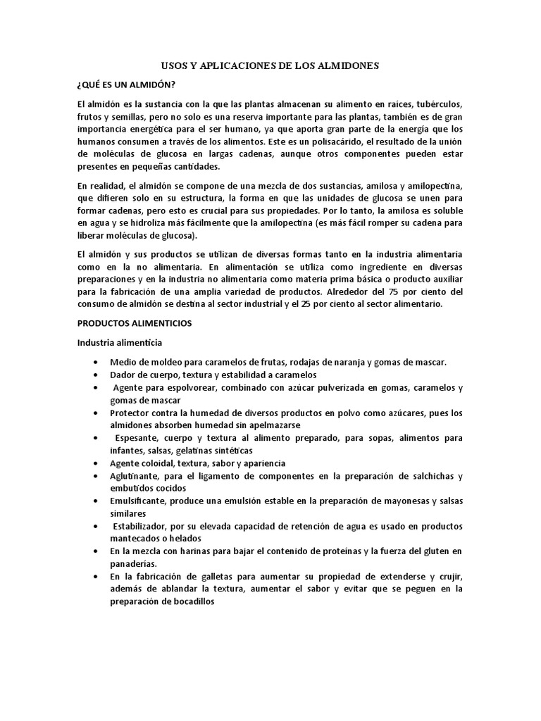 Usos y Aplicaciones de Los Almidones | PDF | Almidón | Glucosa