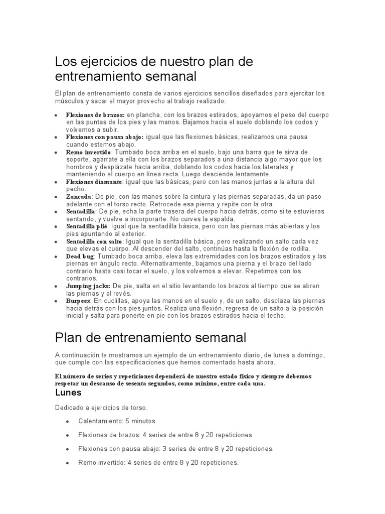 Los Ejercicios de Nuestro Plan de Entrenamiento Semanal | PDF