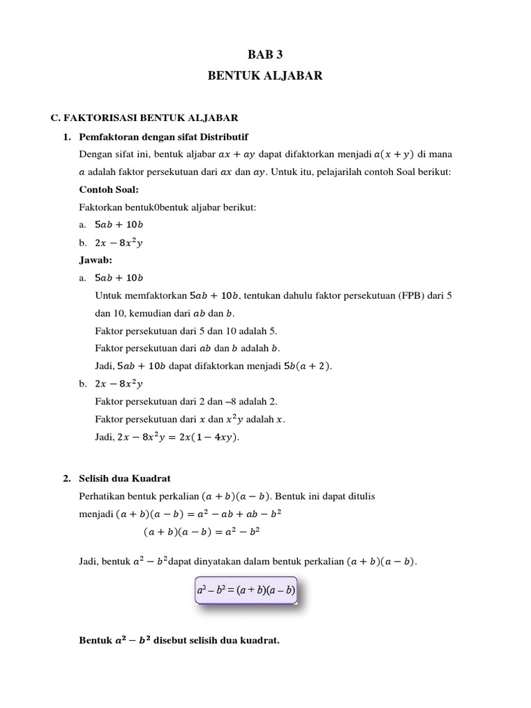 Faktorisasi Bentuk Aljabar Pdf