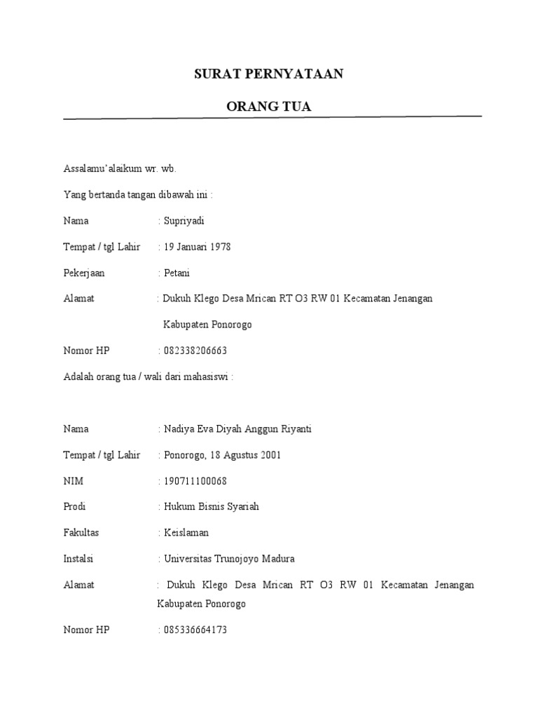Surat Pernyataan Orang Tua | PDF