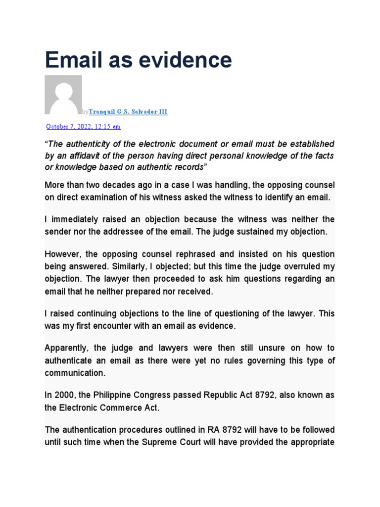 Email Evidence Authentication Guidelines | PDF | Affidavit | Authentication