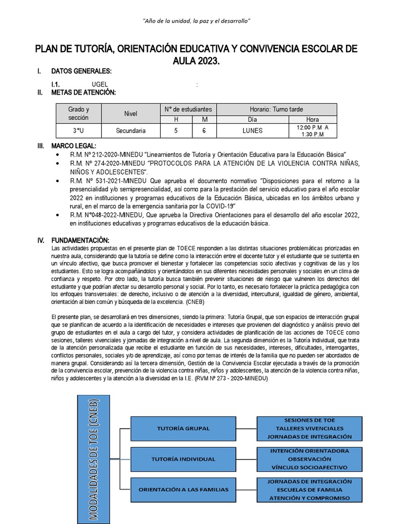 Plan de Tutoría y Convivencia Escolar 2023 | PDF | Evaluación | Salón ...