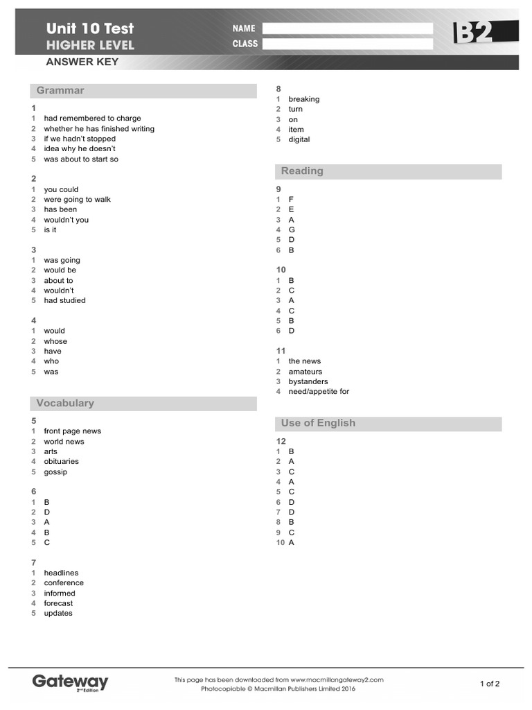 Unit 10 Test Answer Key and Guide | PDF | Cognition | Communication