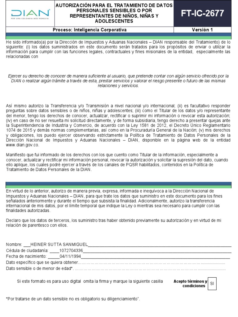 FT IIT 2677 Autorizacion Tratamiento de Datos NNA | PDF | Informática ...
