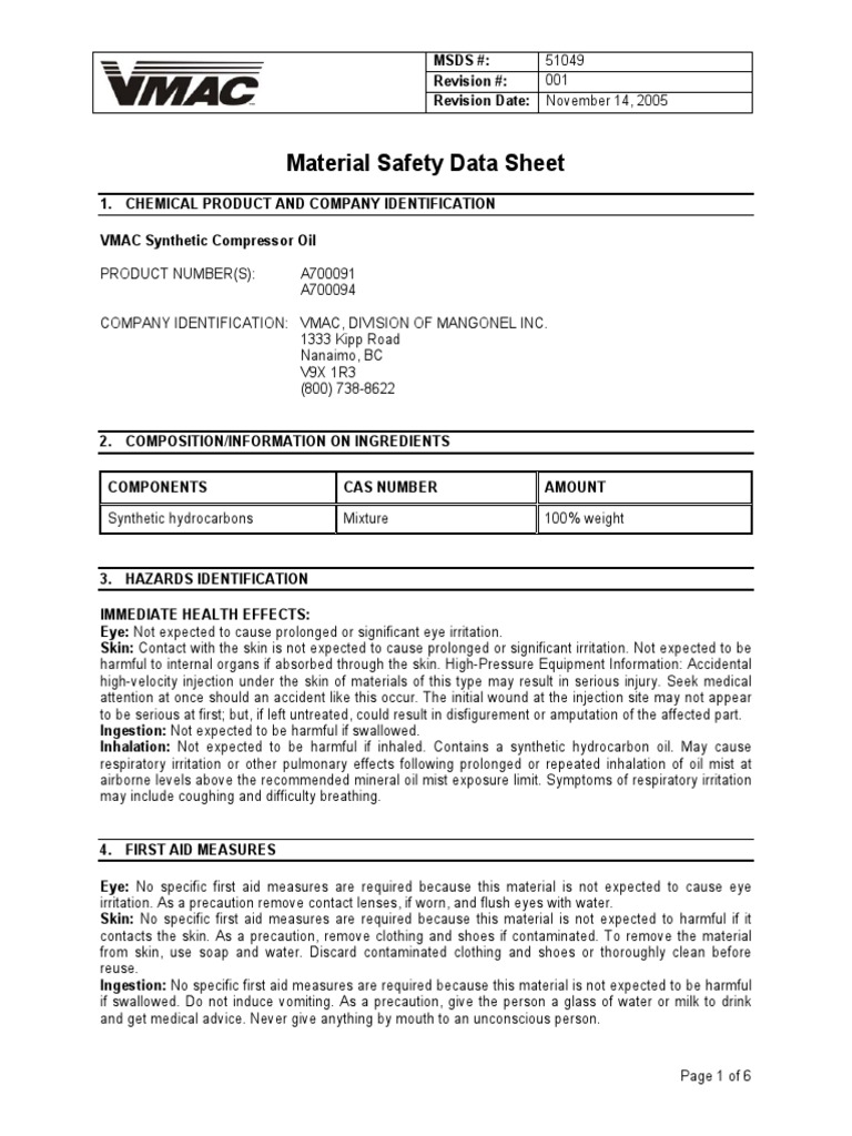 VMAC Synthetic Compressor Oil MSDS | PDF | Personal Protective ...