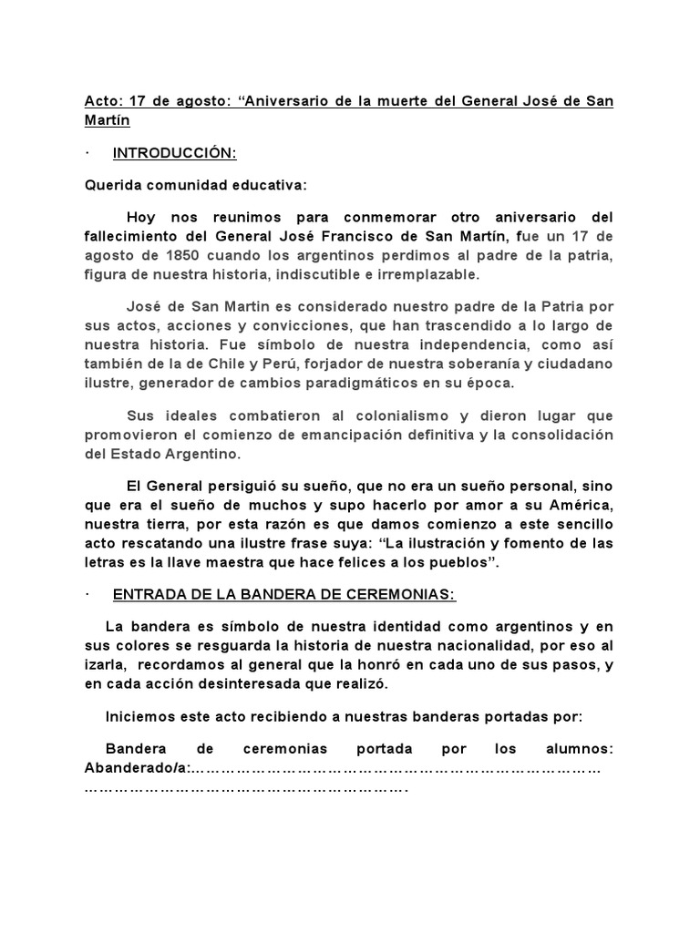 Acto - 17 de Agosto - "Aniversario de La Muerte Del General José de San ...