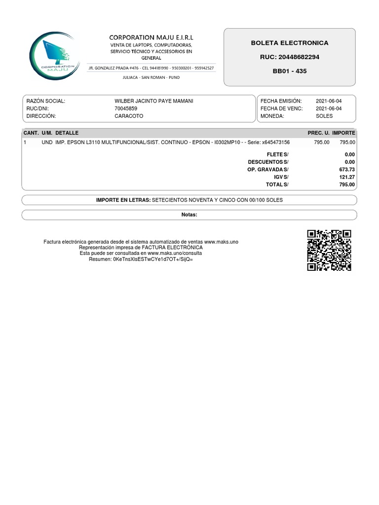 Boleta Electronica RUC: 20448682294 BB01 - 435: Cant. U/M. Detalle Prec ...