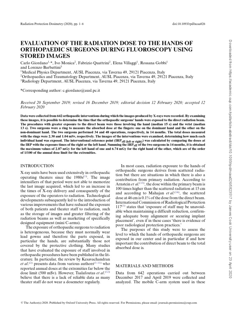 EVALUATION OF THE RADIATION DOSE TO THE HANDS OF ORTHOPAEDIC SURGEONS
