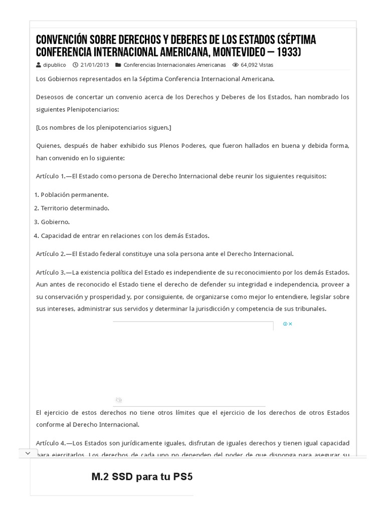 Convención Sobre Derechos y Deberes de Los Estados (Séptima Conferencia ...