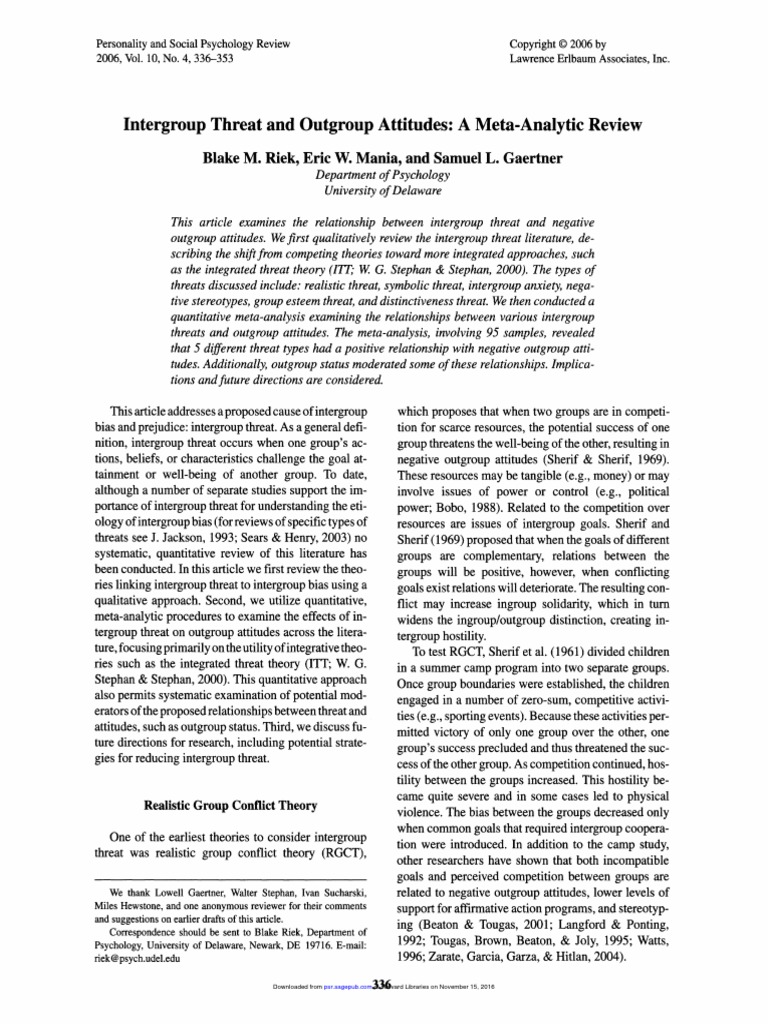 Riek Et Al. Intergroup Threat and Outgroup Attitudes | PDF ...