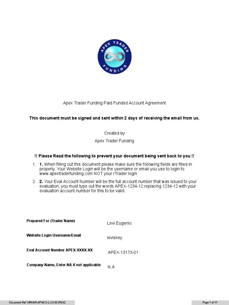 Apex Funding PA Agreement Apex Trader Funding Leviskey APEX-13173-01 | PDF  | Legal Liability | Damages