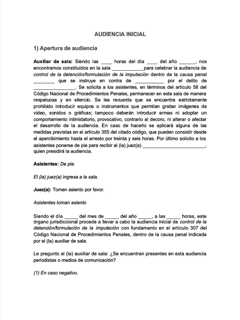 Guion para Audiencia Inicial Penal | PDF | Justicia penal | Crimen y ...