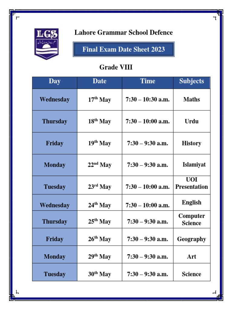 Lahore Grammar School Grade VIII Exam Schedule | PDF | Medina