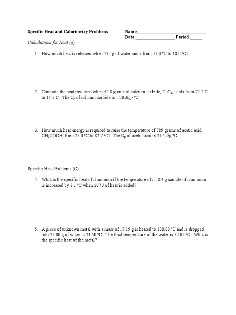 Specific Heat and Calorimetry Exercises | PDF