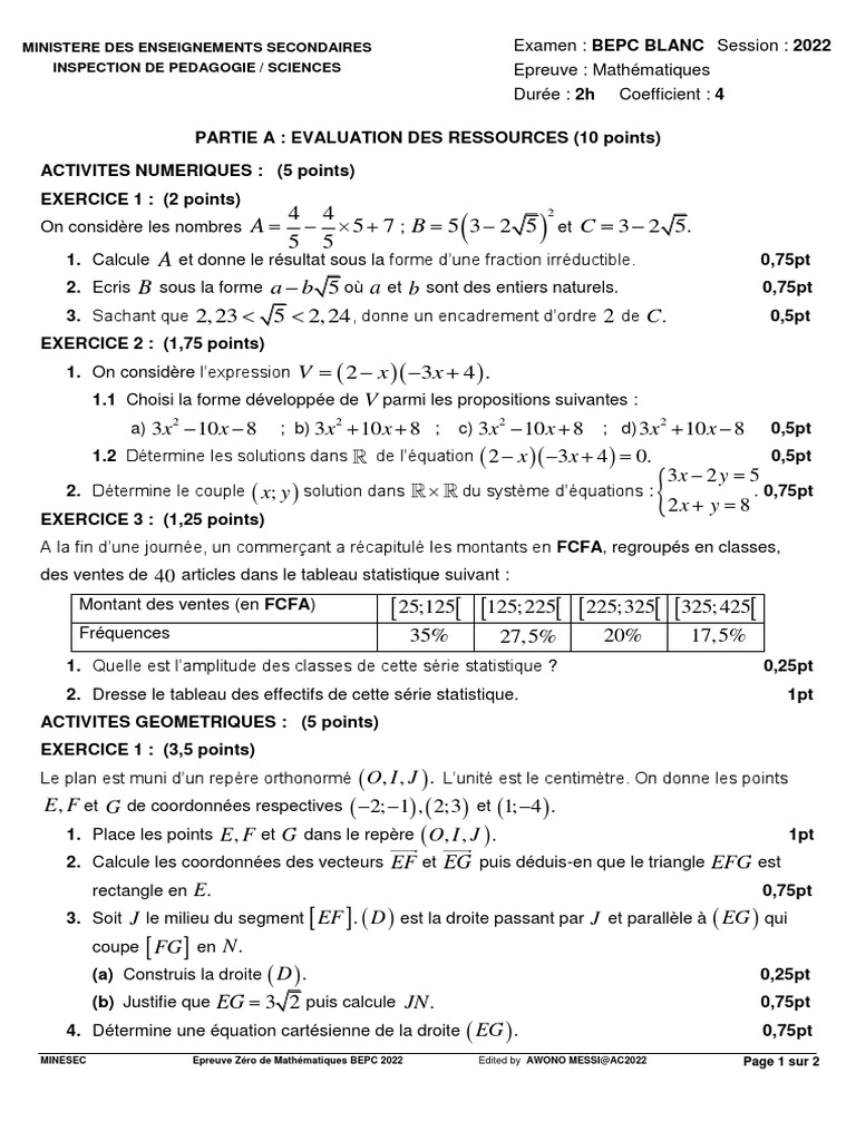 Epreuve Zero Maths Bepc 2022 PDF