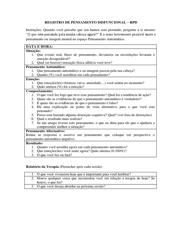Registro de Pensamento Disfuncional | PDF | Pensamento | Emoções