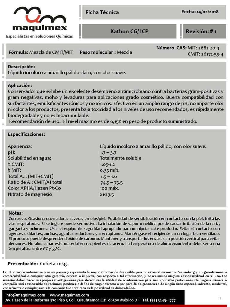 Ficha Técnica de Kathon CG/ICP | PDF | Solubilidad | Química