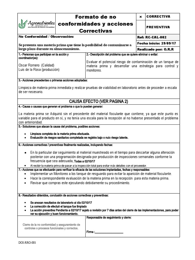 Formato de No Conformidades y Acciones | PDF