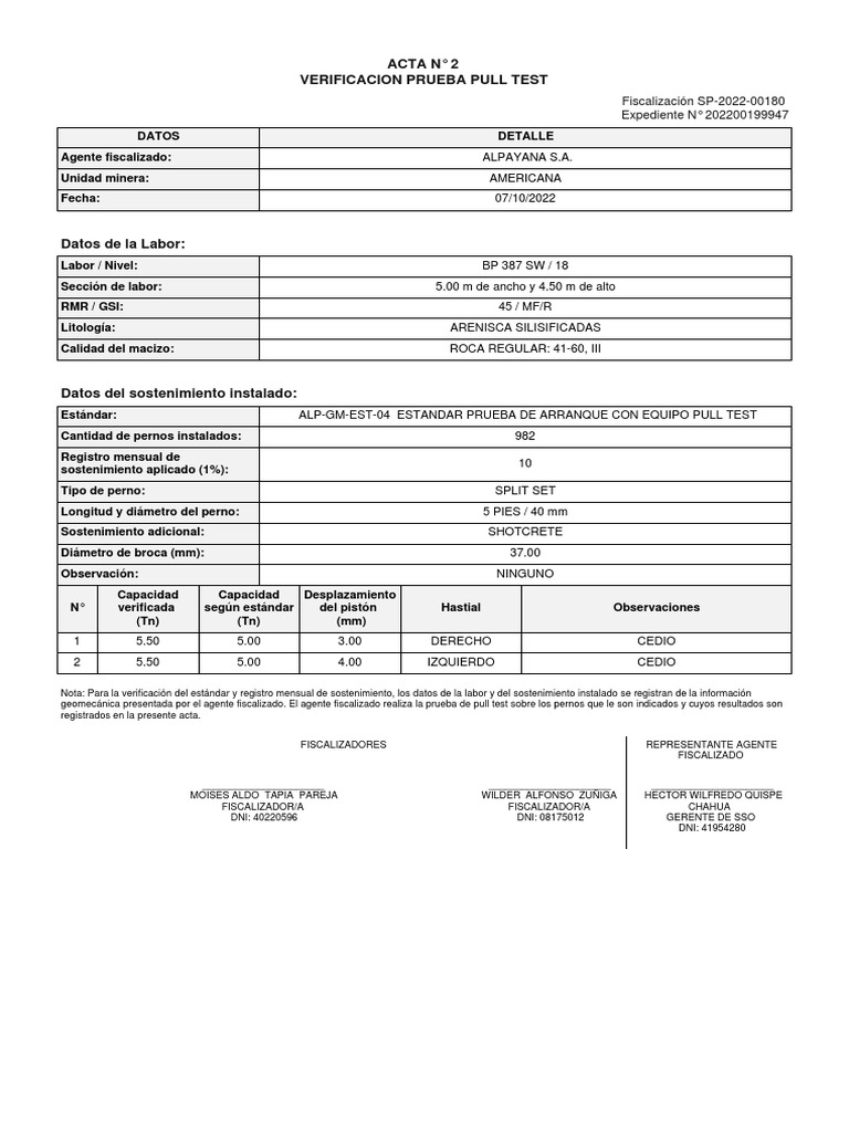 Acta Verificacion Pull Test - SP-2022-00180 | PDF