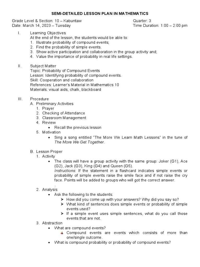 Grade 10 Probability Lesson Plan | PDF | Lesson Plan | Probability