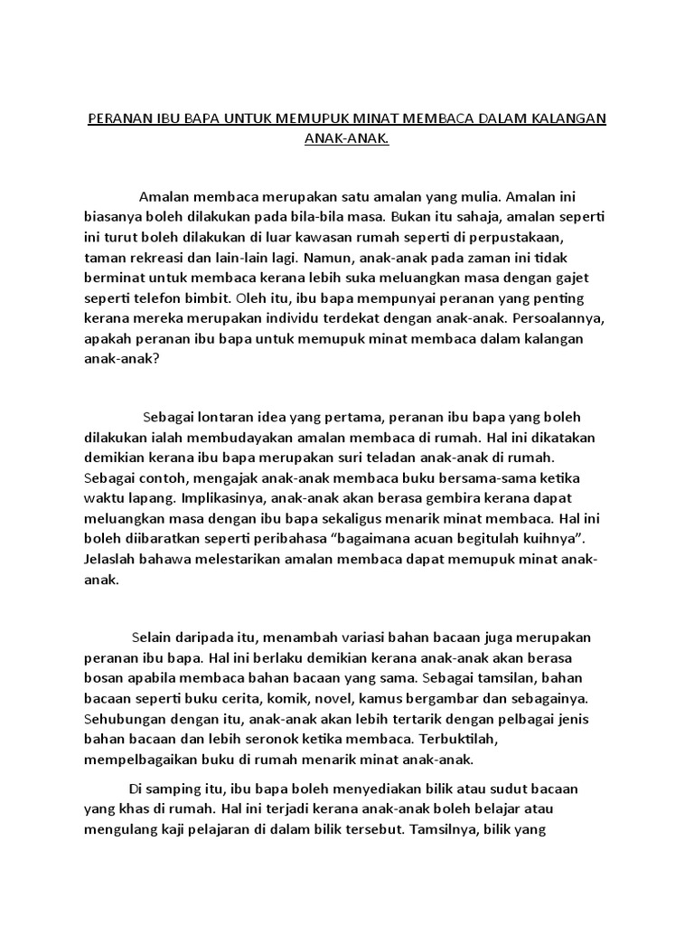 Karangan BM Peranan Ibu Bapa Memupuk Minat Membaca | PDF | Kesehatan ...