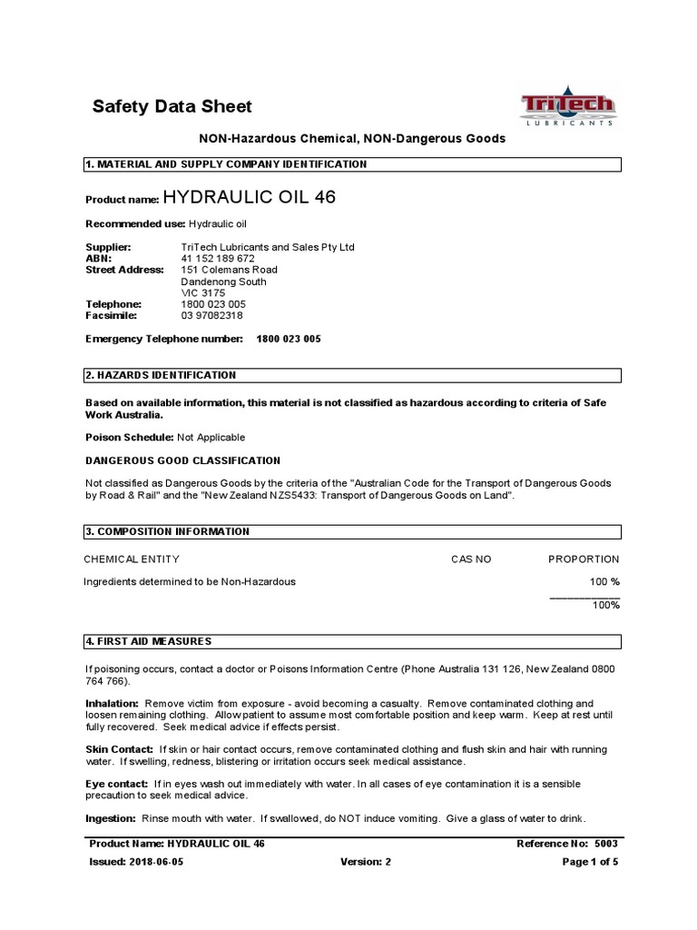 5003 Hydraulic Oil 46 Aust Sds 1 PDF Dangerous Goods Personal