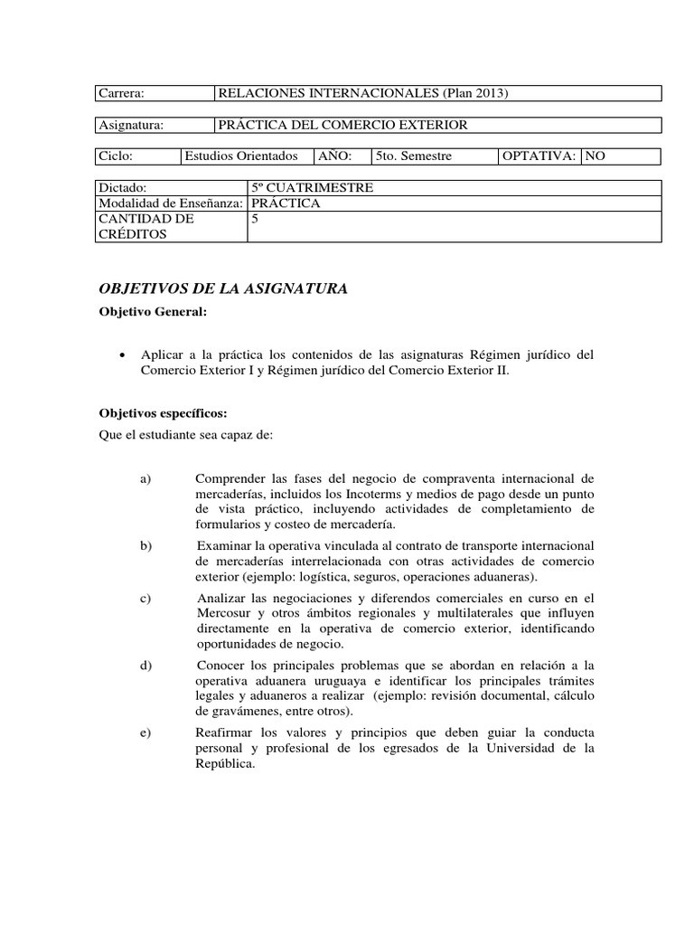 Programa de Práctica Del Comercio Exterior - Plan 2013 RRII | PDF ...