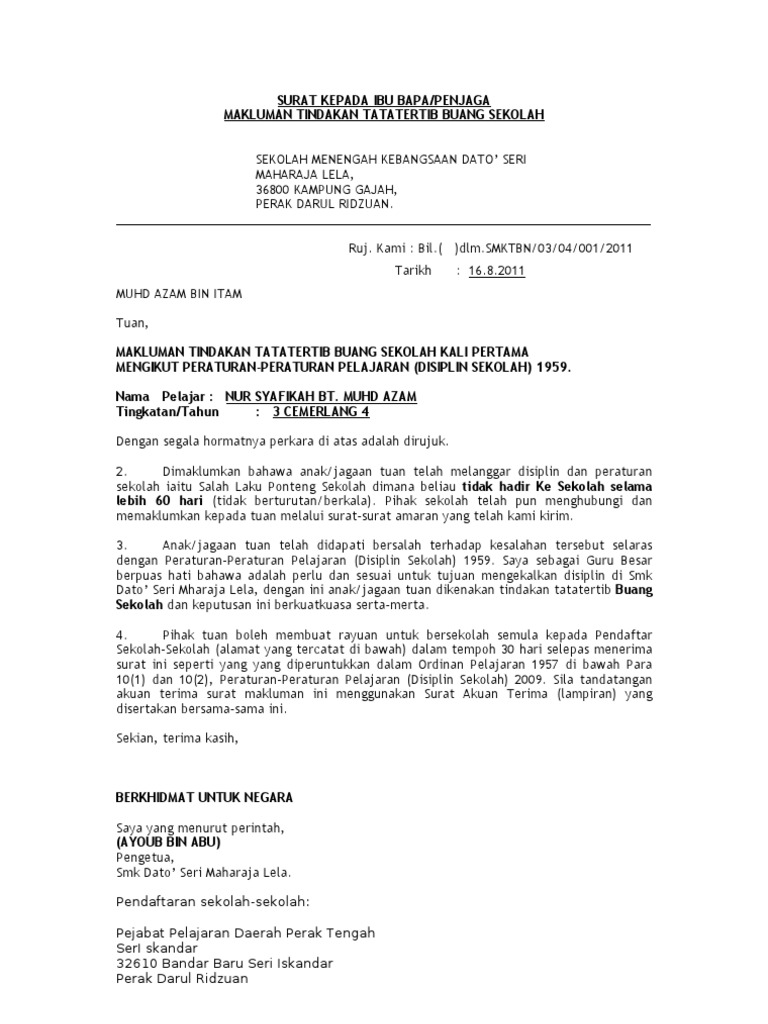 Contoh Surat Buang Sekolah Ponteng Sekolah Rendah Pdf