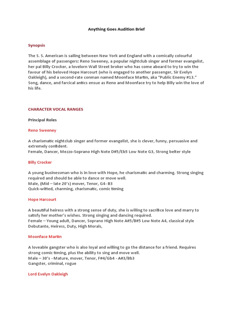 Anything Goes Audition Overview | PDF | Broadway Musicals | Music ...