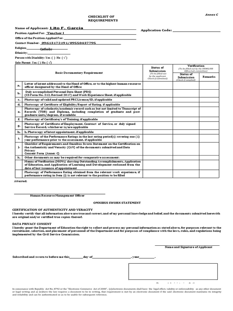 ANNEX C Checklist of Requirements and Omnibus Sworn Statement | PDF ...