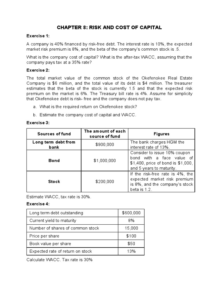 Cost of Capital and WACC Exercises | PDF | Cost Of Capital | Risk Premium