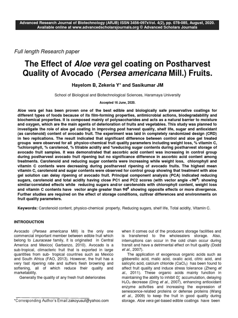 The Effect of Aloe Vera Gel Coating On Postharvest Quality of Avocado ...