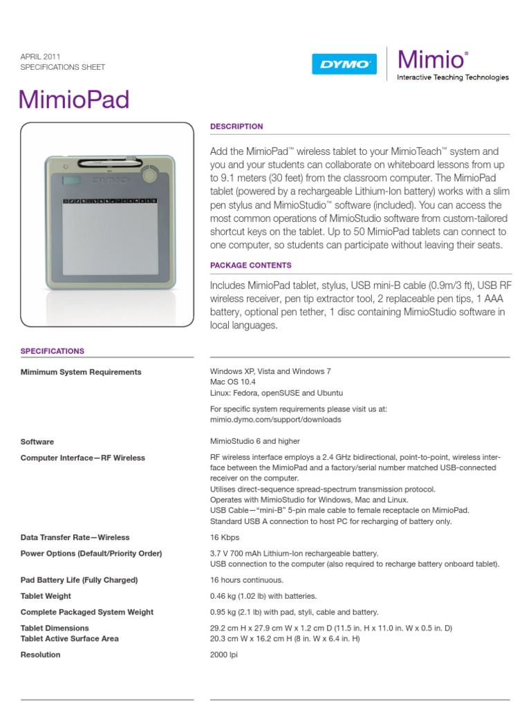 Mimio Pad PDF Tablet Computer Usb